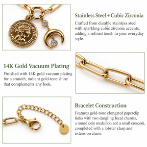 <b>Cross</b> Charm Chain <b>Bracelet</b>, Stainless Steel, Gold and <b>Silver</b> Color Options, Gold Variant 14K Gold Vacuum Plated - Product Image 3