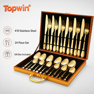 24PCS 410 Stainless Steel Cutlery Set Gold Flatware Set with Gift <b>Box</b> for Hotel Restaurant Wedding - Product Image 1