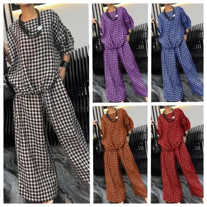 Ensemble décontracté à carreaux pour femmes, pantalon large à cordon de serrage et boutons au dos, tendance - Product Image 2