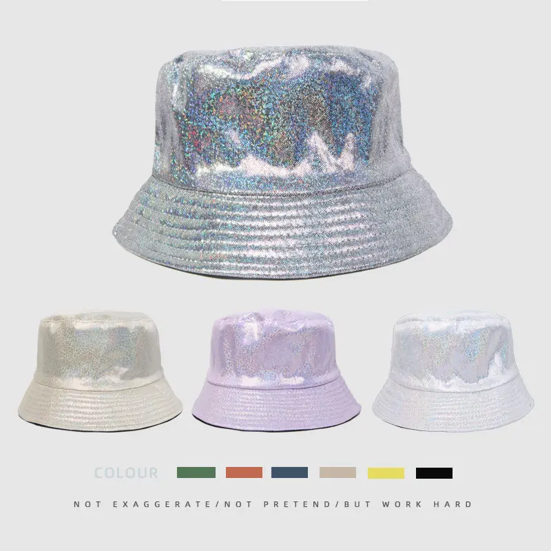 Wholesale Laser Light Pu Leather Basin Hats Men And Women Wear Foldable Travel Hats Flat Shade Fisherman Hats