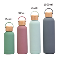 Vaso de acero inoxidable de 500ml, botella de agua aislada minimalista, tapa de bambú, mango de correa, frasco de vacío de boca estrecha para senderismo