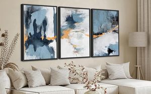 Ensemble d'Art Mural Abstrait Moderne sur Toile Trois Grands Cadres <span class=keywords><strong>Bleu</strong></span> Marine Décoration Murale pour Salon <span class=keywords><strong>Chambre</strong></span> Cadre de Peinture à l'Huile - Product Image 2