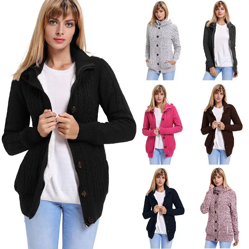 Customize Wholes Ladies Winter Fleeces Thick Long Sleeve Hooded Button Knit Cardigans Women's Sweater
