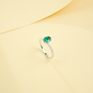 Classic Oval Cut Lab Created <b>Emerald</b> Solitaire <b>Ring</b> with Diamond Accents in 925 <b>Silver</b> for Bridal - Product Image 3