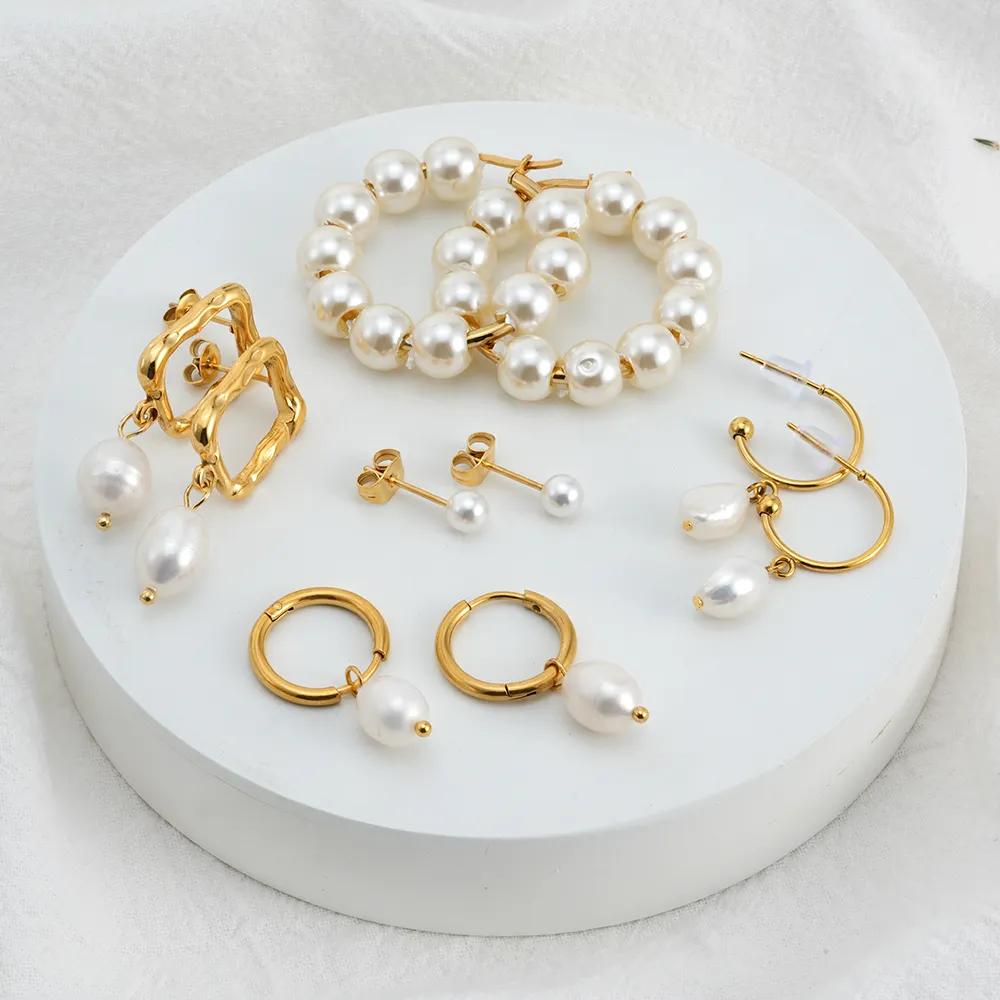 Wholesale Women Fashion Jewelry Stainless Steel Pvd Gold Plated Dangle Freshwater Pearl Drop Hoop Earrings