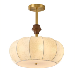 French Vintage Style All Copper Fabric Chandelier Round E26 LED <b>Light</b> Bedroom Dining Room <b>Ceiling</b> Lamp - Product Image 4