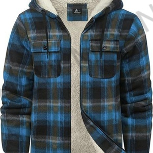 Custom Men's Faux Leather Flannel Hooded Jacket Winter Warm Coat with Plaid Zipper Sherpa Hood Fleece Lined Flannel Shirt - Product Image 2