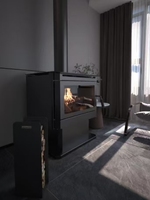 Poêle à bois d'intérieur en acier, design moderne, à poser au sol, noir, élément décoratif, pour usage hôtelier