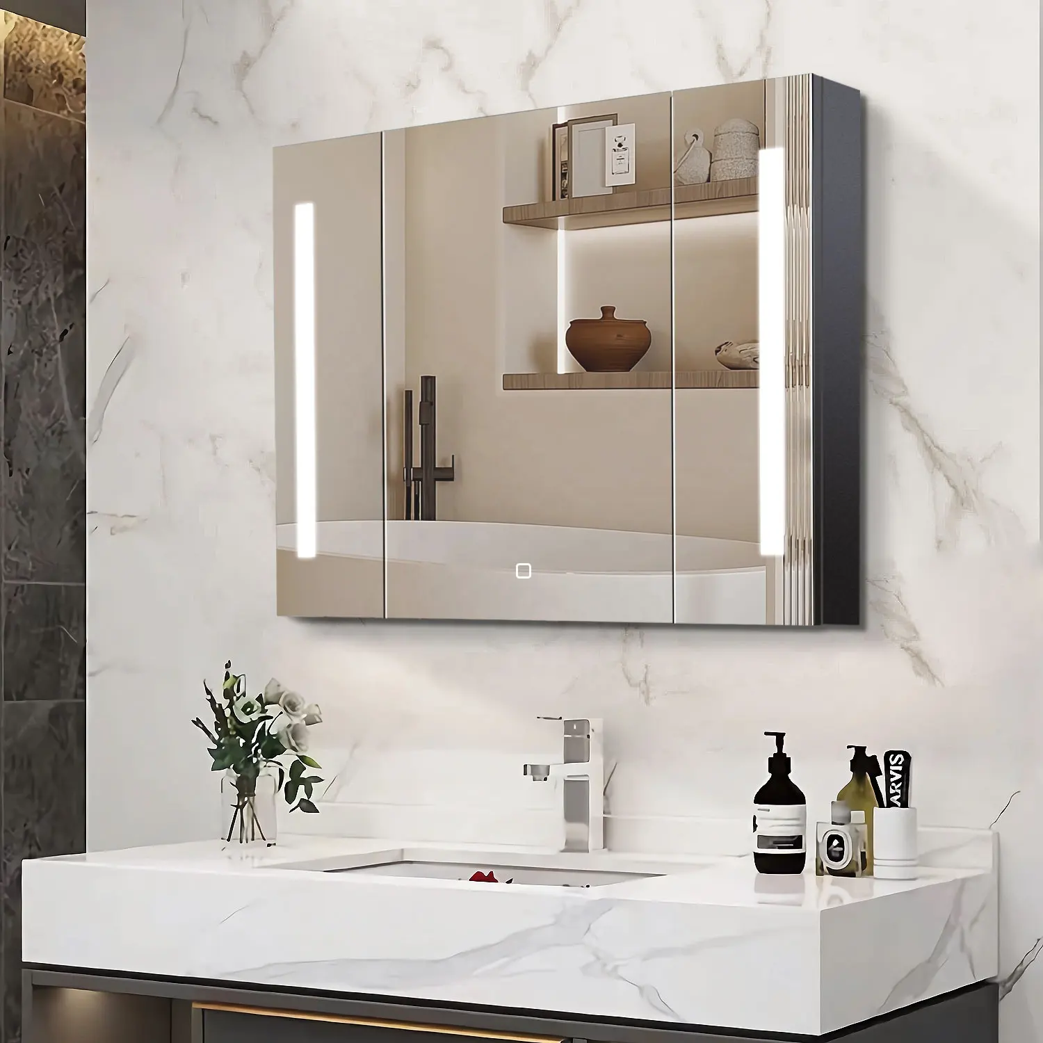 Mueble de pared de baño de la serie Black moderno, botiquín de tres puertas, armario con espejo