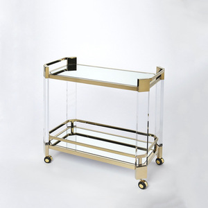 Chariot de table à roulettes en acrylique Barre à main servant des chariots à boissons Chariot de <span class=keywords><strong>bar</strong></span> en lucite à double couche de thé transparent à deux niveaux - Product Image 1