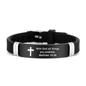<span class=keywords><strong>Pulsera</strong></span> Cristiana al por Mayor con la Escritura de Proverbios 3:5, Filipenses 4:13, Mateo 19:26, Correa de Reloj Ajustable de Silicona Negra - Product Image 1