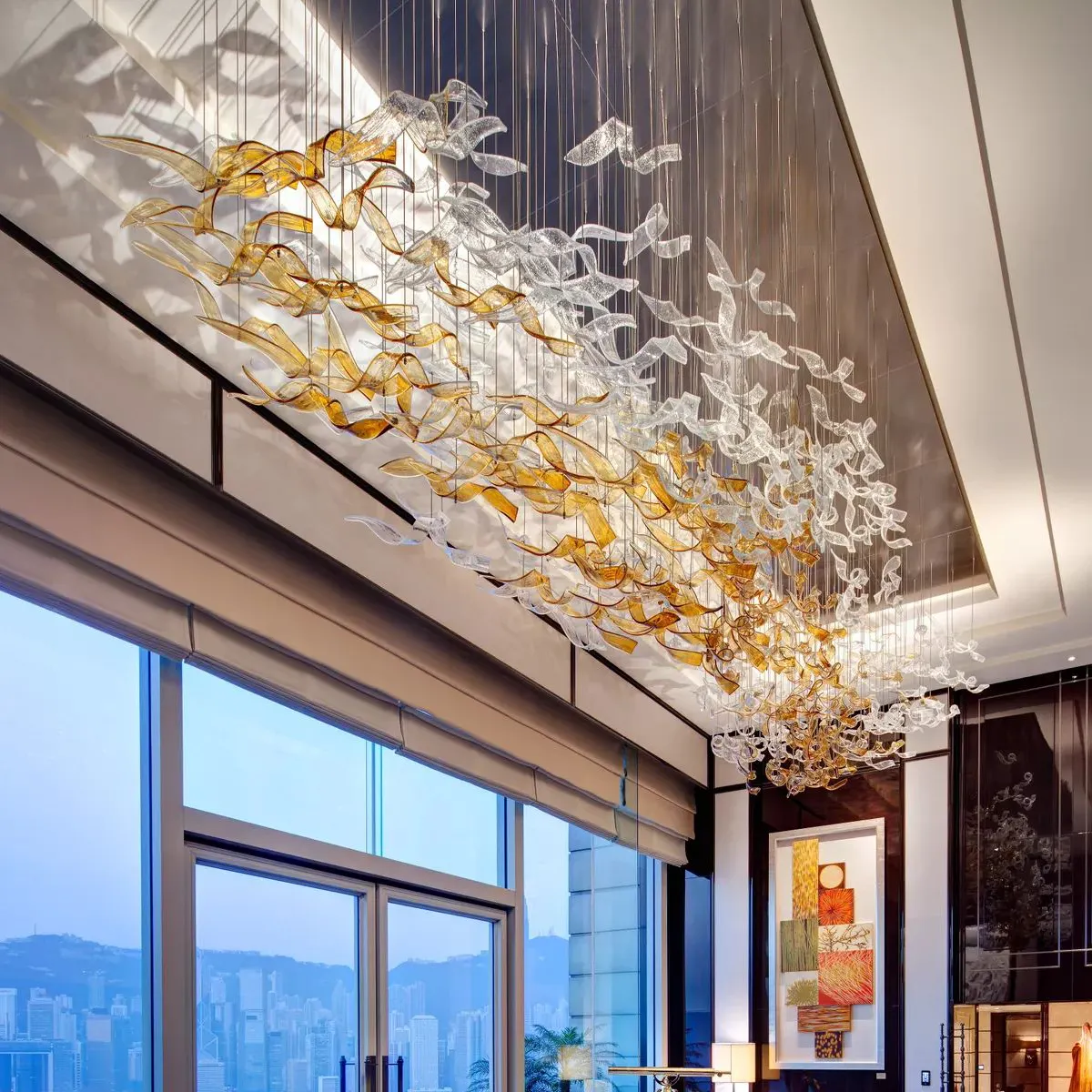 Moderna hall dell'hotel decorazione della Villa lampada a sospensione personalizzata foglia di nastro grande progetto lampadario in vetro a LED