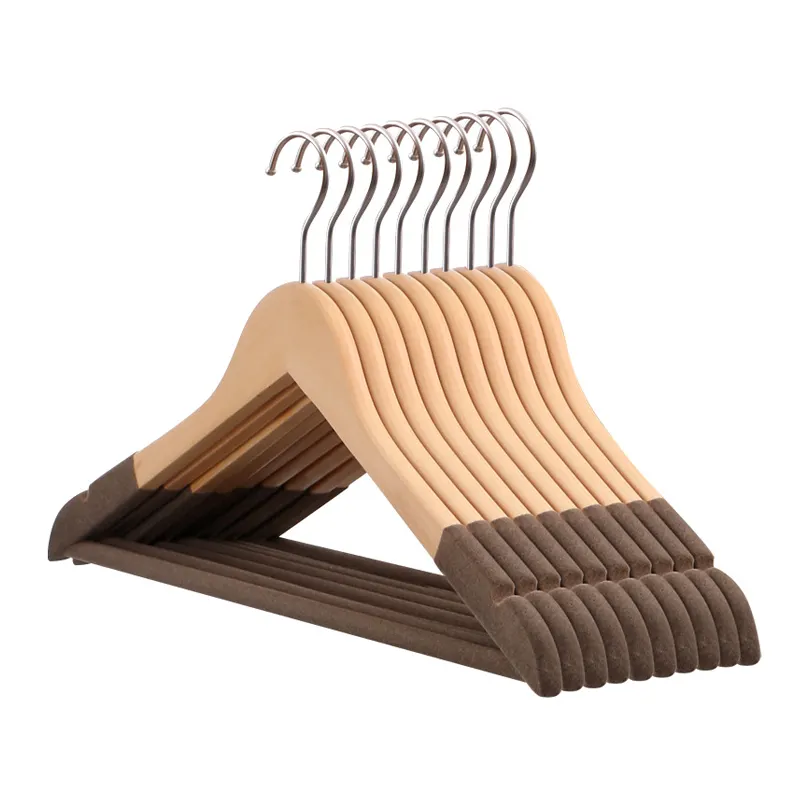 Wooden Clothes Hangers Manufacturer Clothing Store Anti-Slip Solid Wood Flocking Hanger Hotel Clothes Rack Velvet Wood Hangers