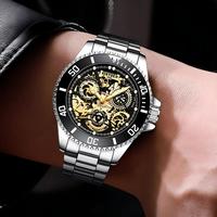 Montre mécanique automatique personnalisée, boîtier en alliage, bracelet en acier inoxydable, lumineuse, multifonction, pour homme, étanche 30M, verre minéral