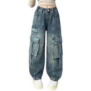 <span class=keywords><strong>Pantaloni</strong></span> cargo in denim con tasche grandi per ragazze, tinta unita, modello ampio e corto, per bambine più grandi, primavera/autunno - Product Image 1