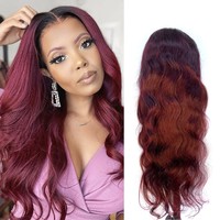 ZSF 1B 99j Wig Warna Merah Burgundy, Rambut Manusia Grosir Gelombang Tubuh Renda Depan Wig Rambut Brasil Perawan dengan Rambut Bayi