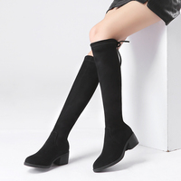 Bottes hautes pour femmes, printemps/automne/hiver, confortables, respirantes, résistantes à l'abrasion, talon épais, bout souple, daim, lacets, doublure en fourrure