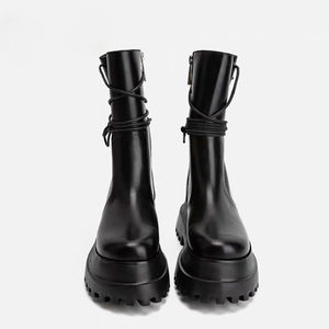 Botas de Media Pantorrilla con Cordones para Mujer, Estilo Vintage, Punta Redonda, Cuero Negro, Cierre Lateral, Plataforma, Estilo Biker, Otoño Invierno - Product Image 1