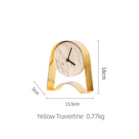 Jam Meja Minimalis Berbingkai Logam Lengkung dengan Batu Travertine, Jam Meja Quartz Senyap Warna Kuning Travertine