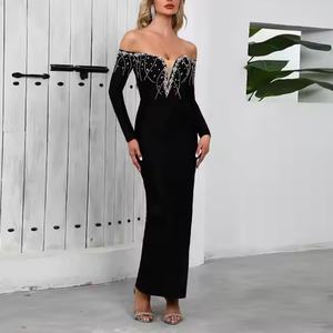 Vestido de Noche Elegante y Modesto al por Mayor, Vestido Sexy con Escote en V Profundo, Cintura Delgada, Ajustado al Cuerpo y con Pedrería - Product Image 3