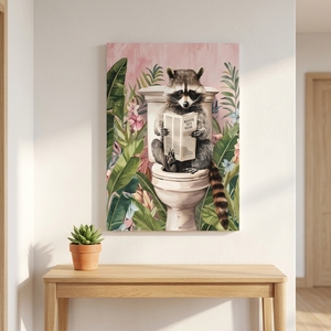 Impression sur toile de raton laveur amusant aux toilettes, affiche humoristique <span class=keywords><strong>d</strong></span>'animal lisant un journal, images <span class=keywords><strong>d</strong></span>écoratives tropicales roses pour salle de bain - Product Image 4