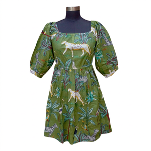 Women's All Seasons Eco-Friendly Handmade Bohemian Vintage Knee-Length A-Line Gown Natural Waist Tiger Printed Pattern <b>String</b> - Product Image 1