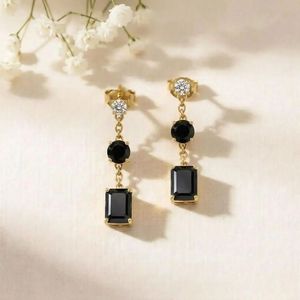 Black Obsidian Faceted Rectangle <b>Earrings</b> with Round Drop Design and CZ Accent Elegant Gemstone <b>Dangle</b> <b>Earrings</b> in 925 Silver - Product Image 6