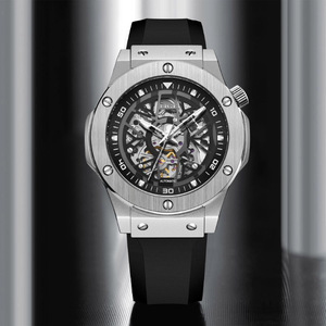 LIGE Men's <b>Automatic</b> Mechanical <b>Skeleton</b> <b>Watch</b> Stainless Steel Case 43mm Glass 20mm Luxury Silver Black Silicone Strap 30Bar - Product Image 2