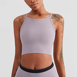 Soutien-gorge de sport à col halter côtelé pour femmes, haut de yoga, couverture complète, sans fil, fitness, gym, haut court - Product Image 2