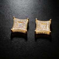 Boucles d'oreilles clous carrées en argent 925 plaqué or 18 carats, entièrement serties de moissanite, testées au diamant, style hip-hop, bijoux fins