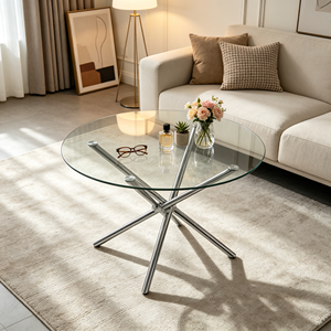 Table basse ronde moderne en verre avec structure en métal, meubles de salon, facile à nettoyer - Product Image 1