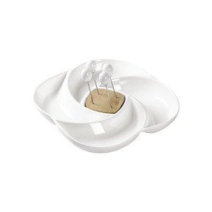 Bandeja giratoria para aperitivos de porcelana blanca con base de bambú y 4 tenedores de acero inoxidable - Product Image 1
