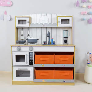 Cuisine de jeu en bois pour enfants avec four, cuisinière, évier, mixeur et bacs de rangement, ensemble de cuisine d'imitation Montessori – Naturel - Product Image 1