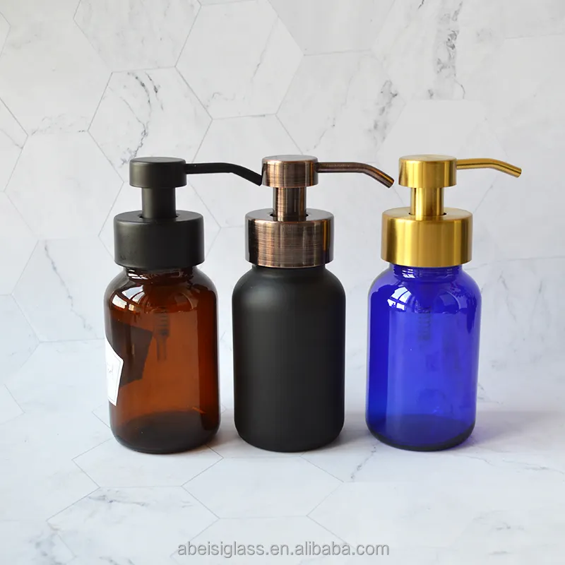Wholesale 250 Ml Amber Black Blue Glass Apothecary Foaming Soap Glass Dispenser Metal Pump Bottle