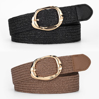Cinturón Elástico Vintage para Mujer, Cinturón Dorado con Textura Tejida y Hebilla Redonda, Accesorio Elegante para Atuendos Retro
