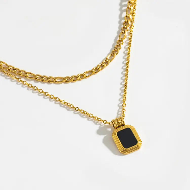 Dainty Tarnish Free 18K Real Gold Plated Metal Stainless Steel Double Layer Chain Black Square Pendant Necklace For Women