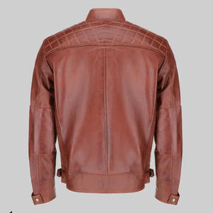 Veste moto en cuir véritable matelassée slim fit pour homme, couleur tan, style café racer, avec col montant, fermeture éclair et doublure en polyester - Product Image 2