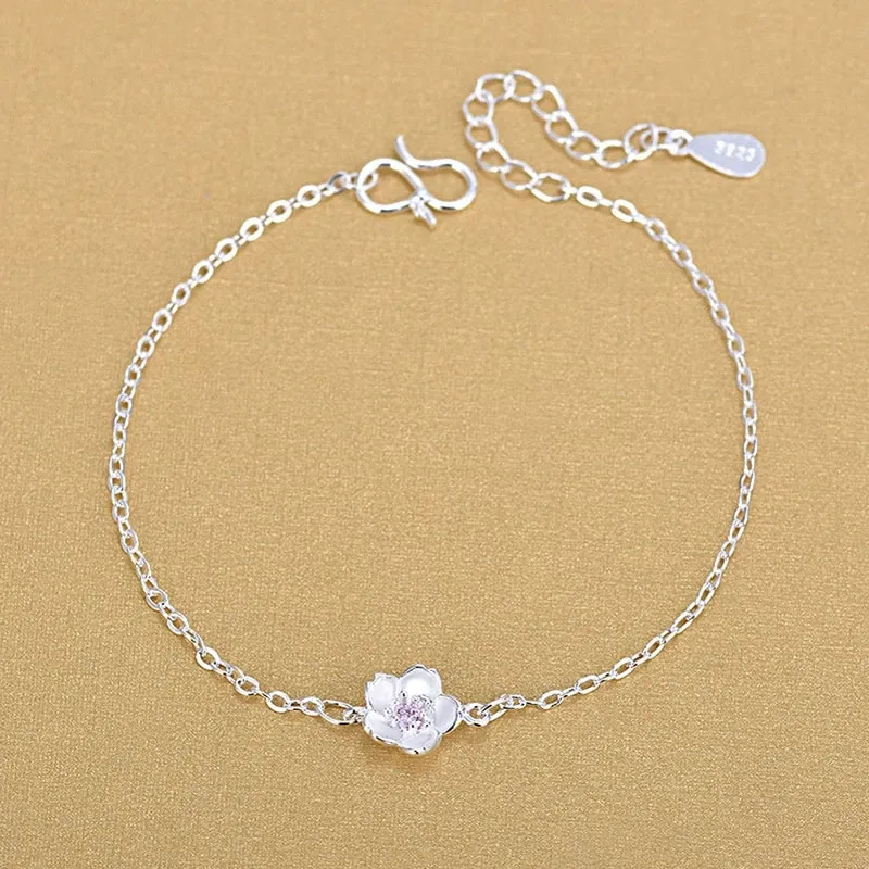 Simple Elegant 925 Sterling Silver Pink Purple Crystal Cherry Blossoms Charm Bracelet For Friends Birthday Gifts Jewelry