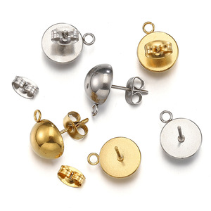 Half Ball Stud <b>Earring</b> Base | 18K PVD Gold Plated Stainless Steel Dome <b>Post</b> with Loop for DIY Drop <b>Earrings</b> Making - Product Image 2