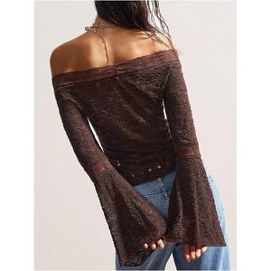 Women's Off The Shoulder Lace Mesh Blouse Bell Sleeve Sheer Fitted <b>Top</b> Boho Western Spring Crop <b>Top</b> - Product Image 2