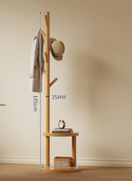 Porte-manteau en bois de pin avec étagères à double niveau, porte-vêtements sur pied avec crochets, armoire autoportante pour entrée ou chambre