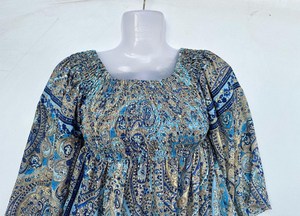 Boho Paisley Smocked Woven Silk Blend Natural Waist Peasant Blouse for Women Regular Fit Casual Bohemian <b>Top</b> Celebration Dress - Product Image 2