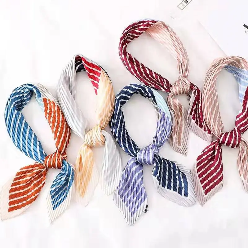70*70cm Satin Silk Pleated Scarf Lightweight Small Square Crinkled Neckerchief For Women Girls
