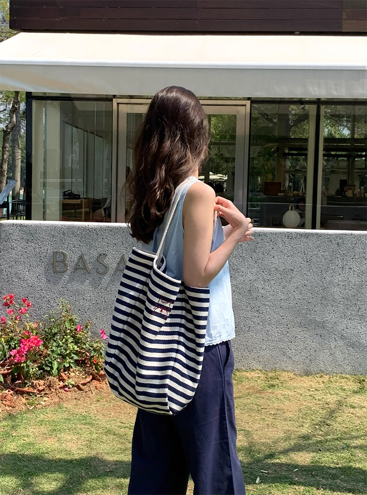 Large Canvas Beach Tote Bag With Waterproof Lining - Striped Blue, 24" X 14" X 7", Zipper Top For Gym & Travel - View #6