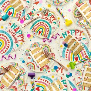 Ensemble de fournitures pour fête d'anniversaire sur le thème de l'arc-en-ciel rétro - Assiettes en papier jetables, gobelets, serviettes, nappe et bannière d'anniversaire - Product Image 3