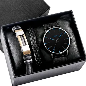 Fashion Business Watches For Men Leather Wristwatchstrap Quartz Watch Bracelet Set With Box Men Gift Watch Jewelry Sets For Men