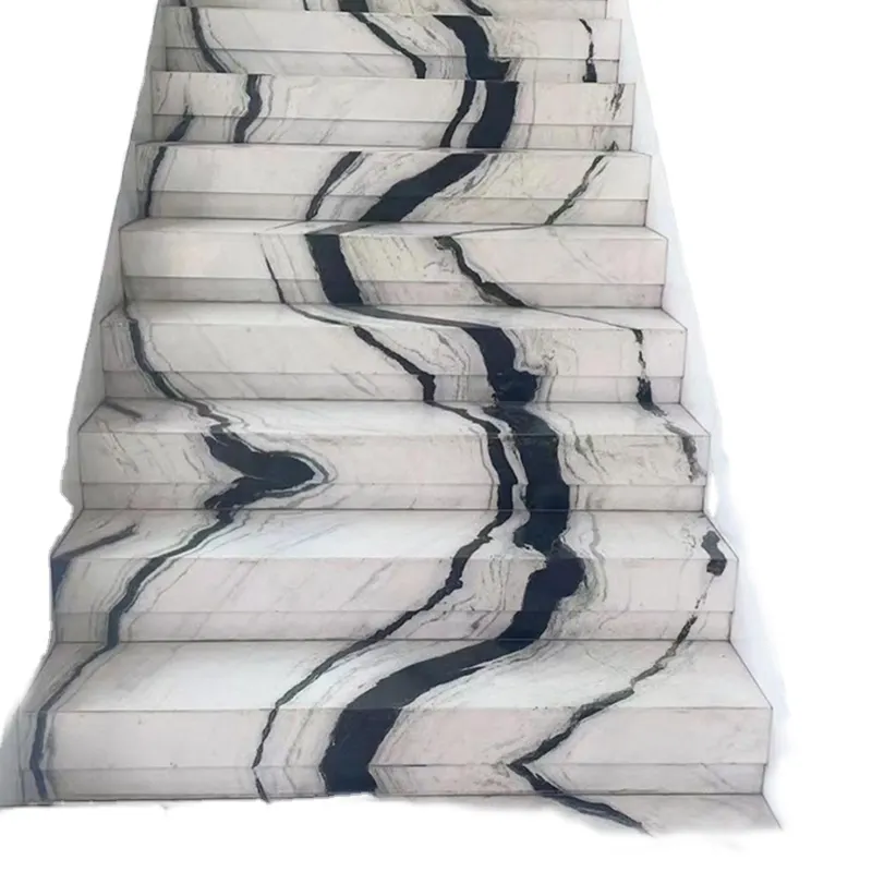 โมเดิร์นบันได Treads การออกแบบหินธรรมชาติบันไดเกลียวแพนด้าสีขาวหินอ่อนสำหรับบันไดตรง