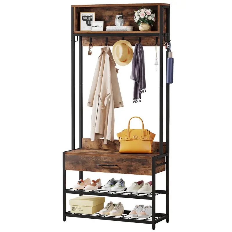 Entryway Bench and Coat Rack 32 Inch Wide Hall Tree with Bench and Shoe Storage