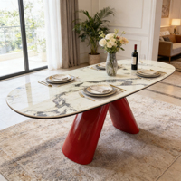 Table à manger ovale en marbre de luxe moderne avec base conique rouge, table à manger en pierre naturelle pour la maison et les restaurants
