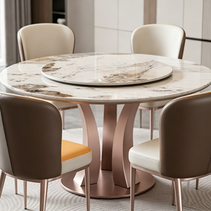 Table à manger ronde moderne en pierre frittée avec plateau rotatif, 6 chaises rembourrées, design minimaliste durable pour la salle à manger - Product Image 3
